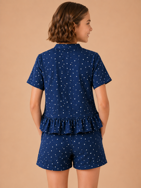 Pure Cotton Navy Textured Half Sleeve & Short Co-ord Set for Girls