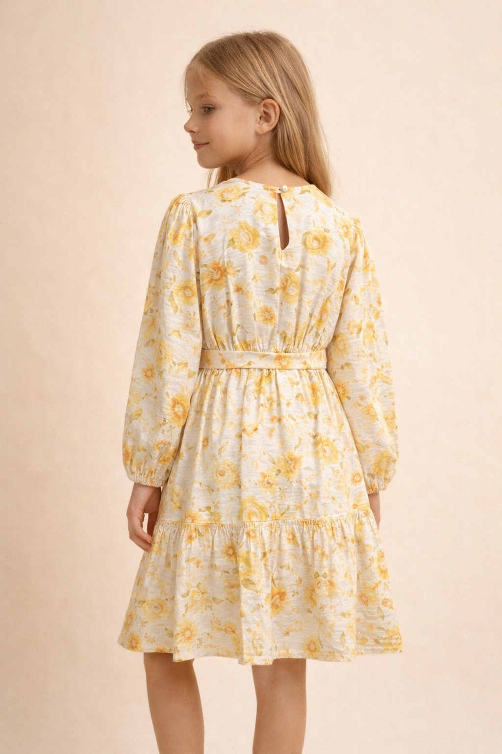 Natural Blend Fullsleeves Yellow Floral Printed Dress for Girls