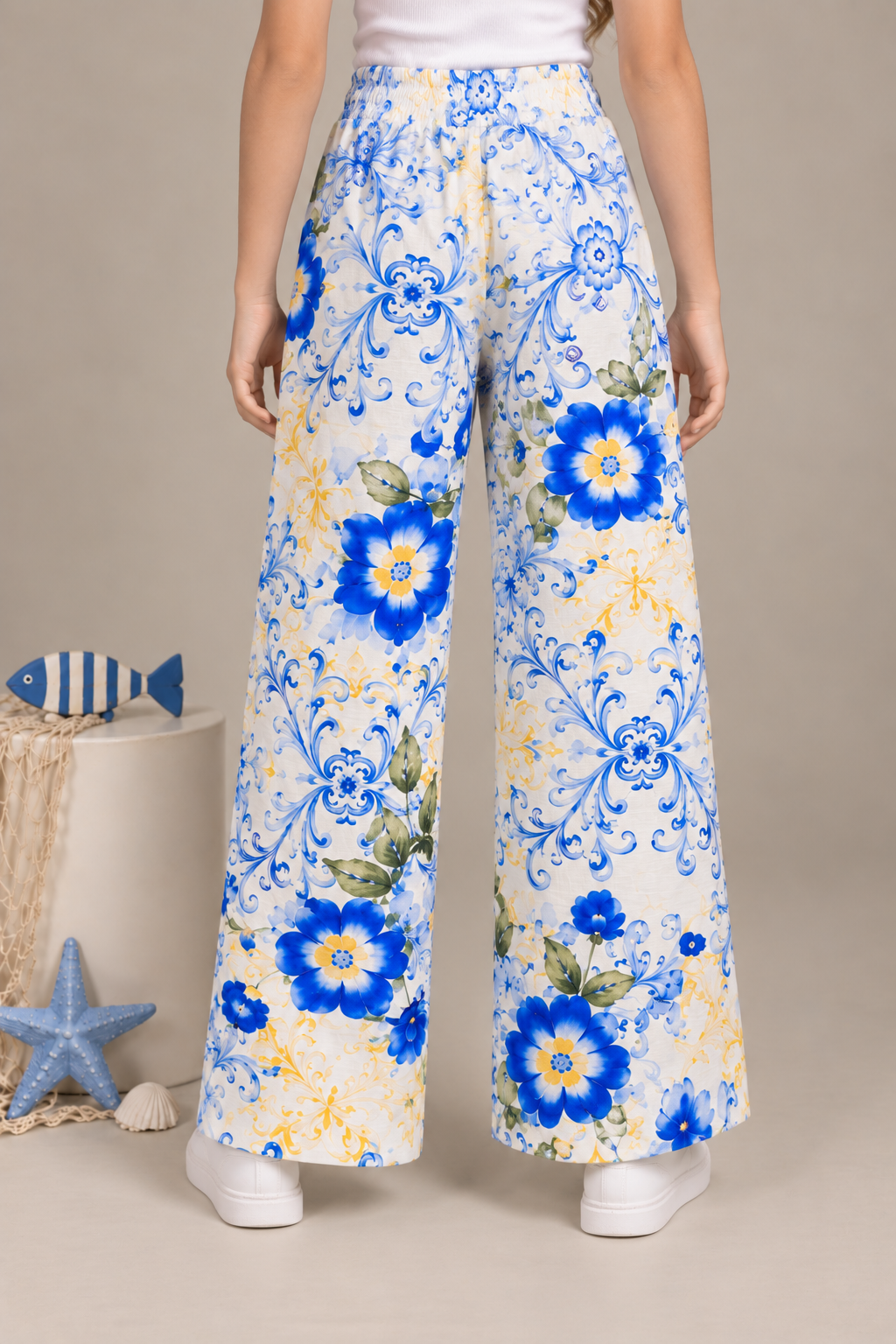Blue & Yellow Floral Printed Relaxed-Fit Pants for Girls