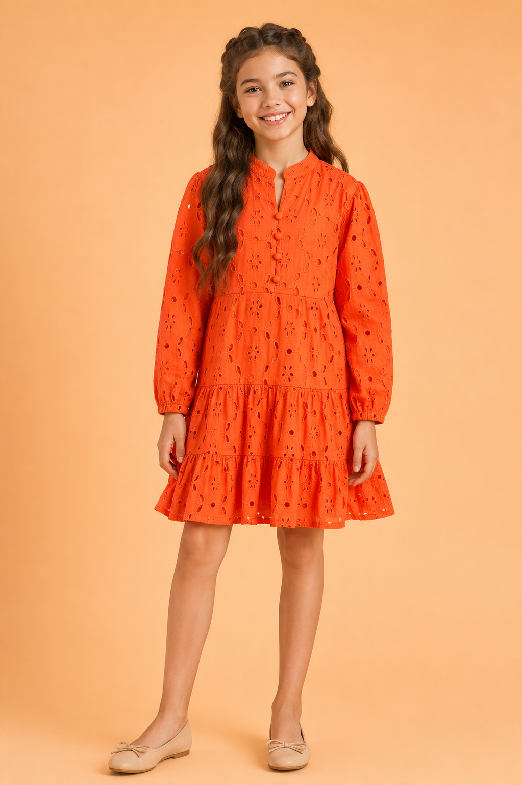Girls Orange Eyelet Embroidered Tiered Dress