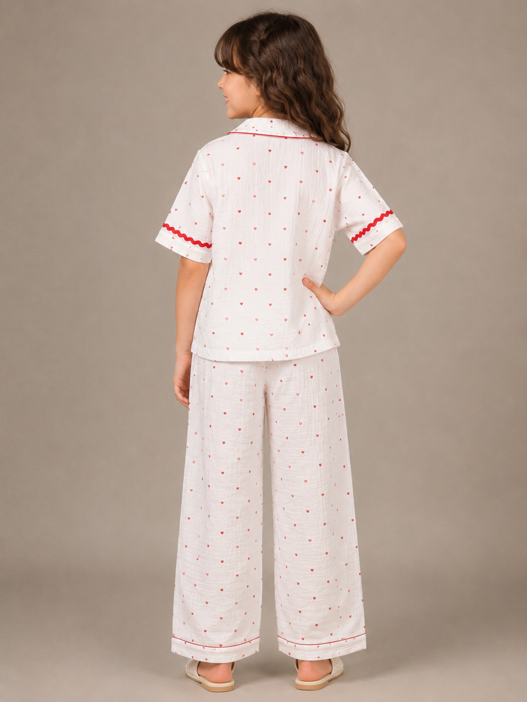 Girls White Heart Print Wide-Leg Co-Ord Set