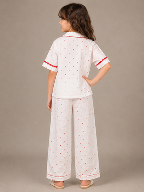 Girls White Heart Print Wide-Leg Co-Ord Set