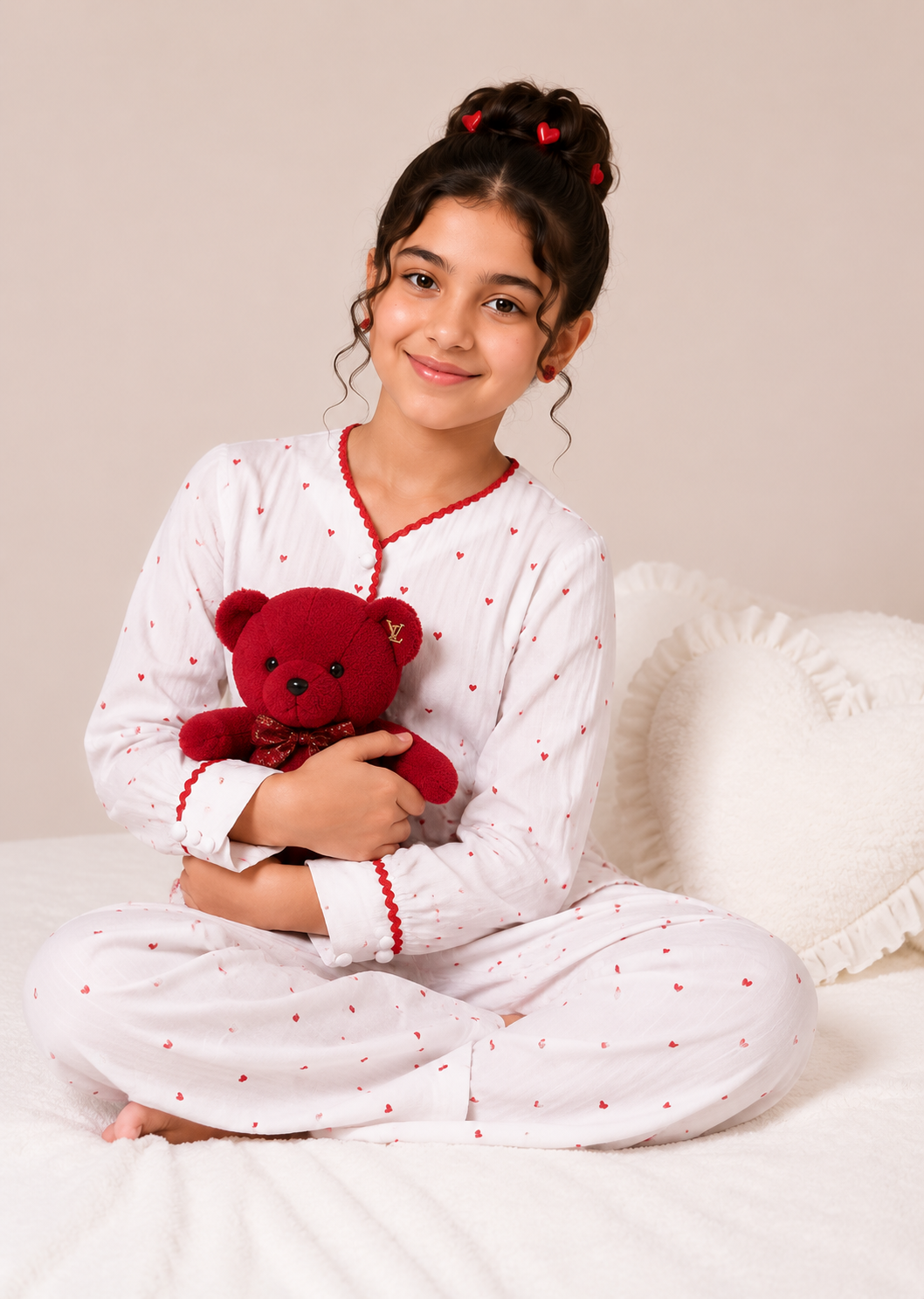 Girls White Heart Print Full Sleeve Night Suit