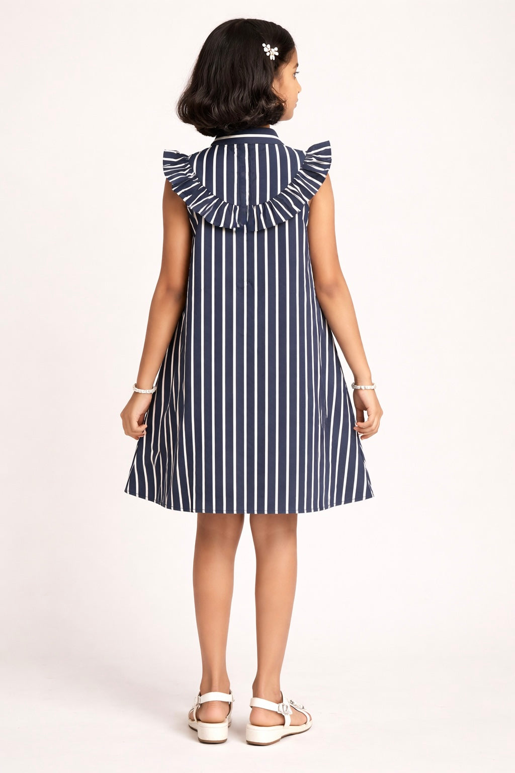Natural Blend Navy Blue Thin Striped Sleeveless Dress for Girls
