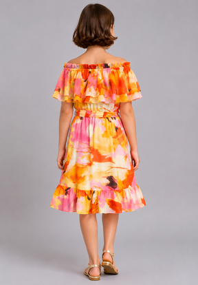 Girls Floral Off-Shoulder Ruffle Dress