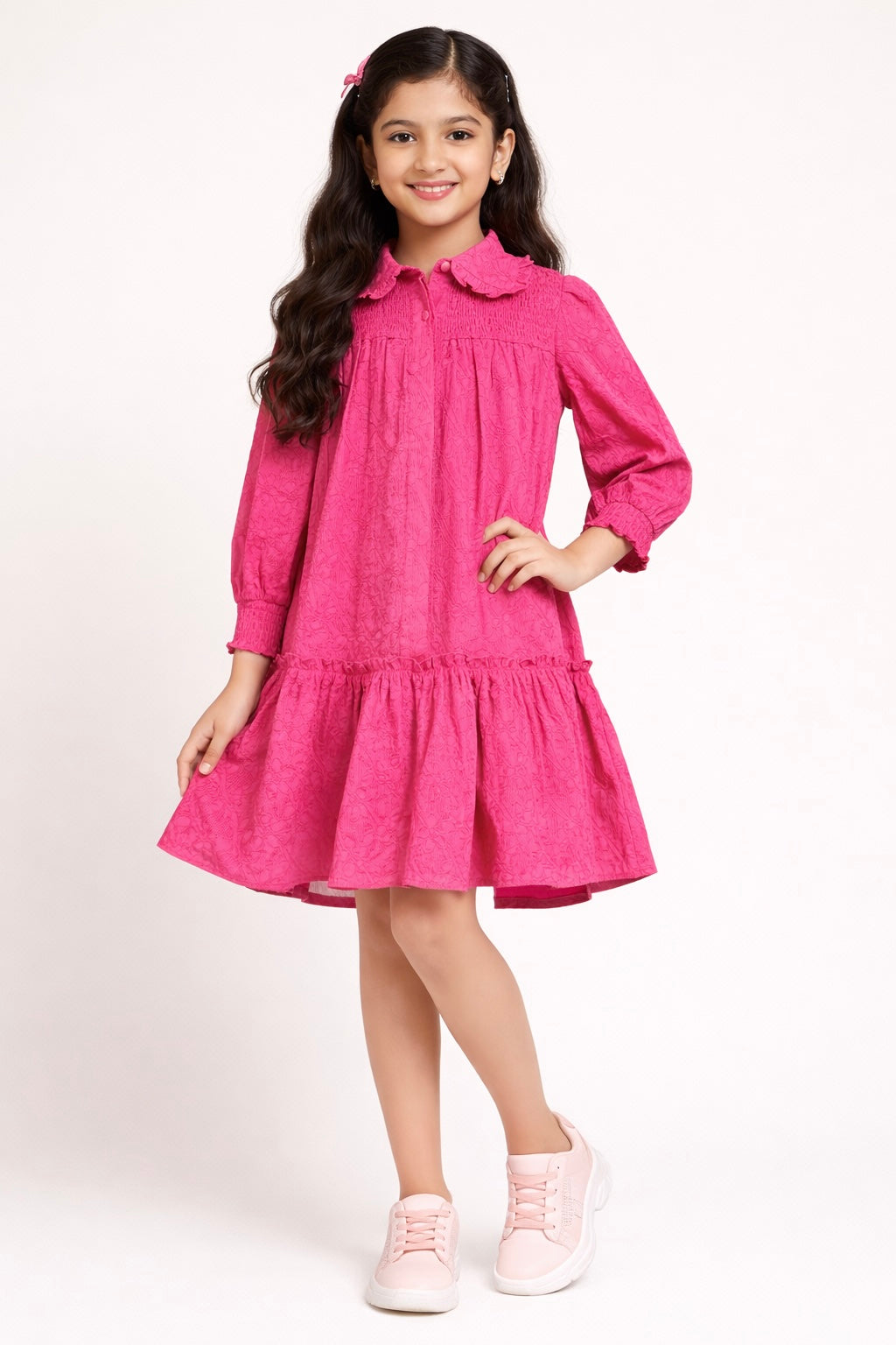 Full Sleeve Floral Embroidery Shirt Collared Hot Pink Pure Cotton Dress for Girls