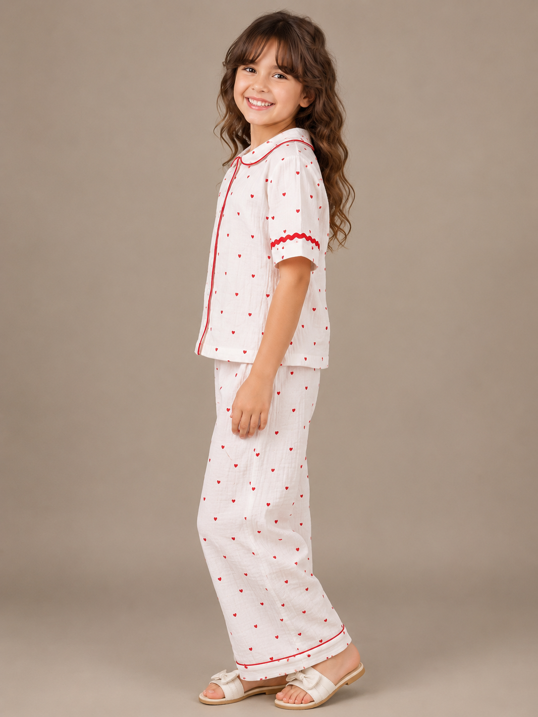 Girls White Heart Print Wide-Leg Co-Ord Set