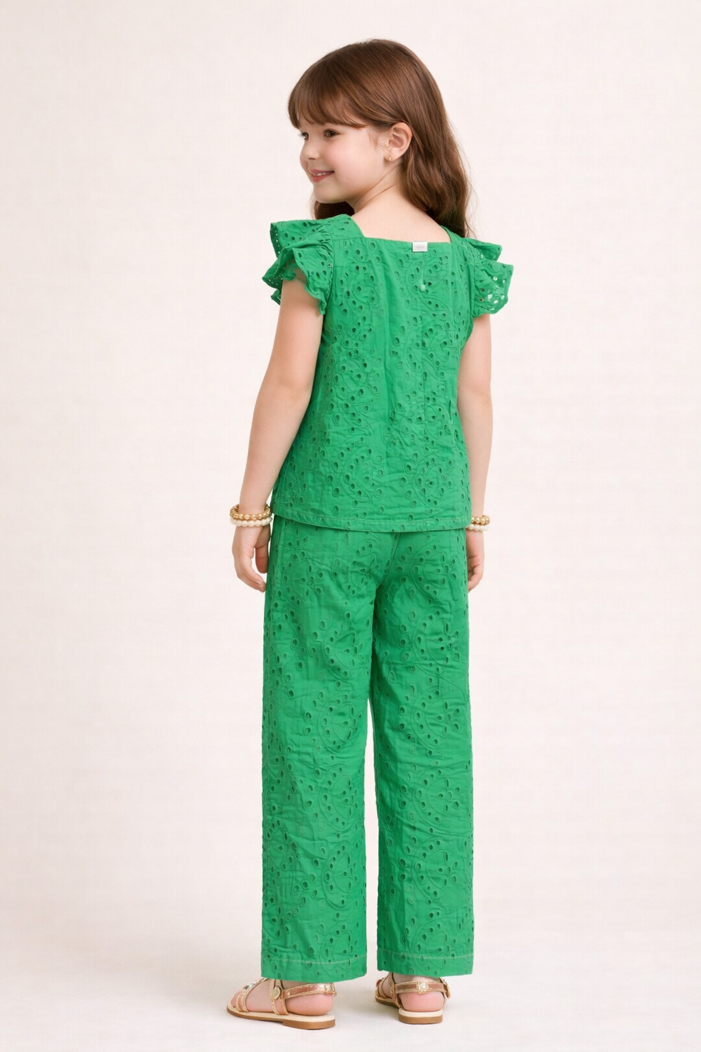Bright Green Floral Schiffli Co-ord Set for Girls