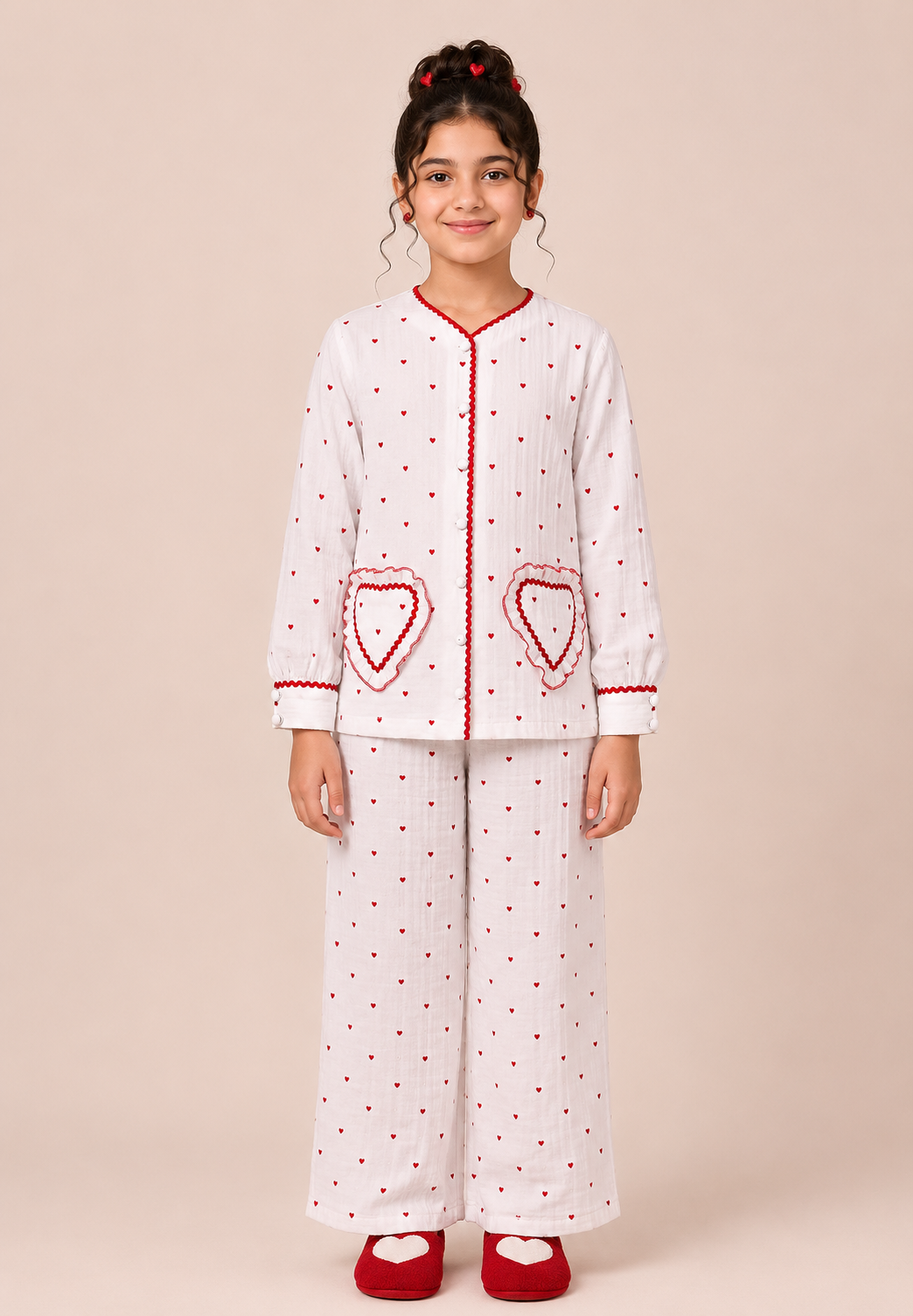 Girls White Heart Print Full Sleeve Night Suit