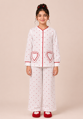 Girls White Heart Print Full Sleeve Night Suit