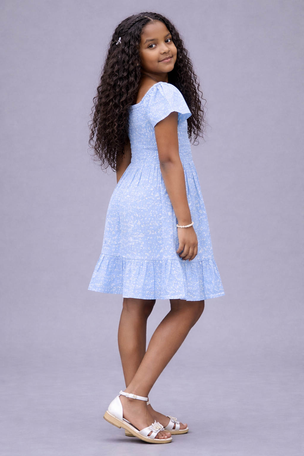 Blue Boat Neck Blossom Chic A-line Dress for girls in Cotton Schiffli