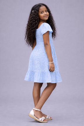 Blue Boat Neck Blossom Chic A-line Dress for girls in Cotton Schiffli