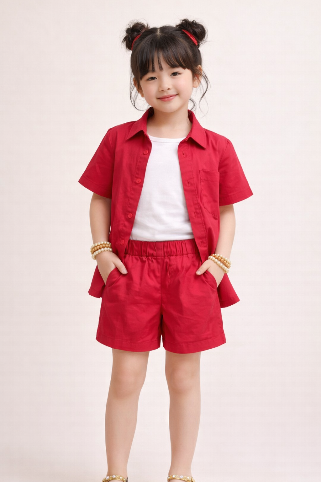 Half Sleeves Plain Bright Red Pure Cotton Shirt & Short Co-ord Set for Kids Girls