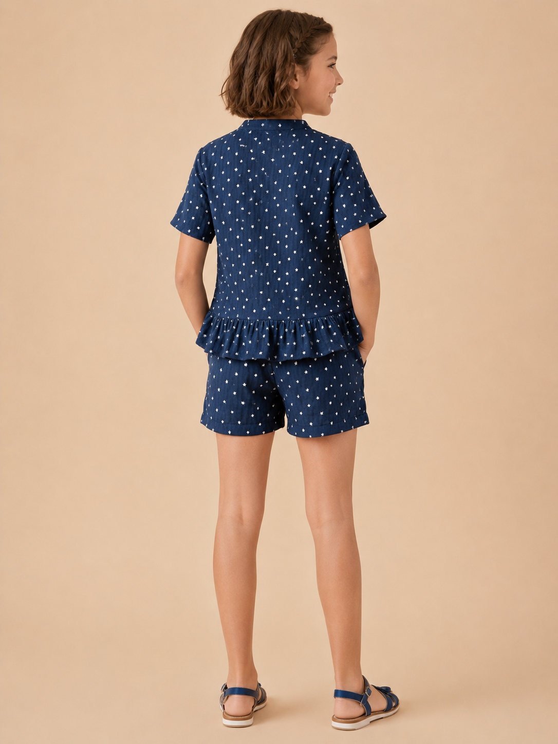 Pure Cotton Navy Textured Half Sleeve & Short Co-ord Set for Girls
