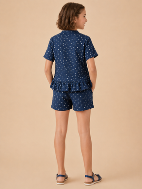 Pure Cotton Navy Textured Half Sleeve & Short Co-ord Set for Girls