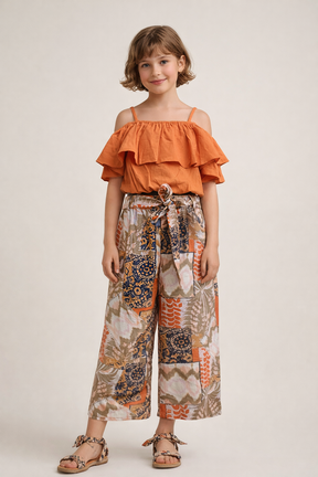 Orange Abstract Print Drop Shoulder Co-ord set for Girls