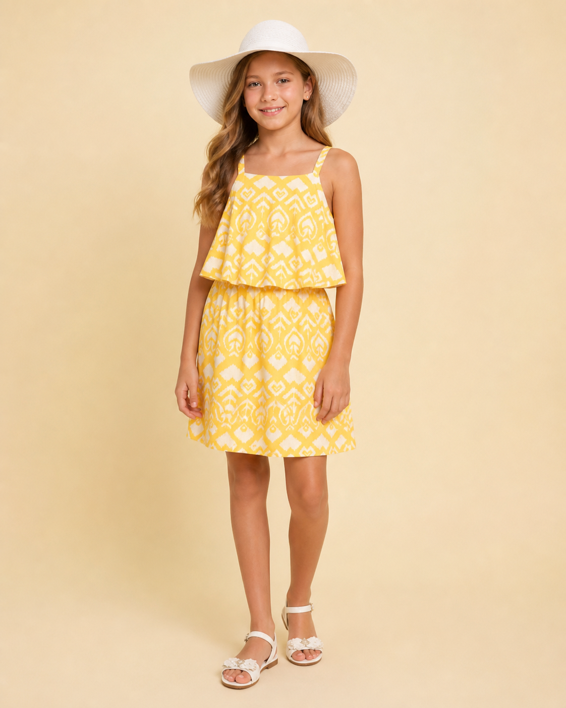 Wisteria Spegetti Casual Viscose Cotton Yellow Abstract Printed Dress for Girls