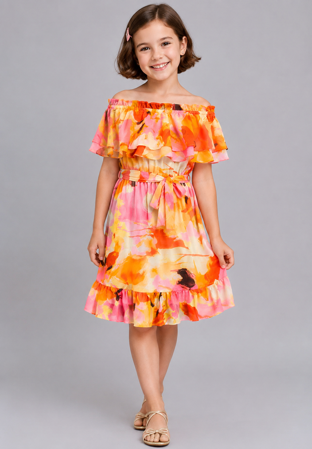 Girls Floral Off-Shoulder Ruffle Dress
