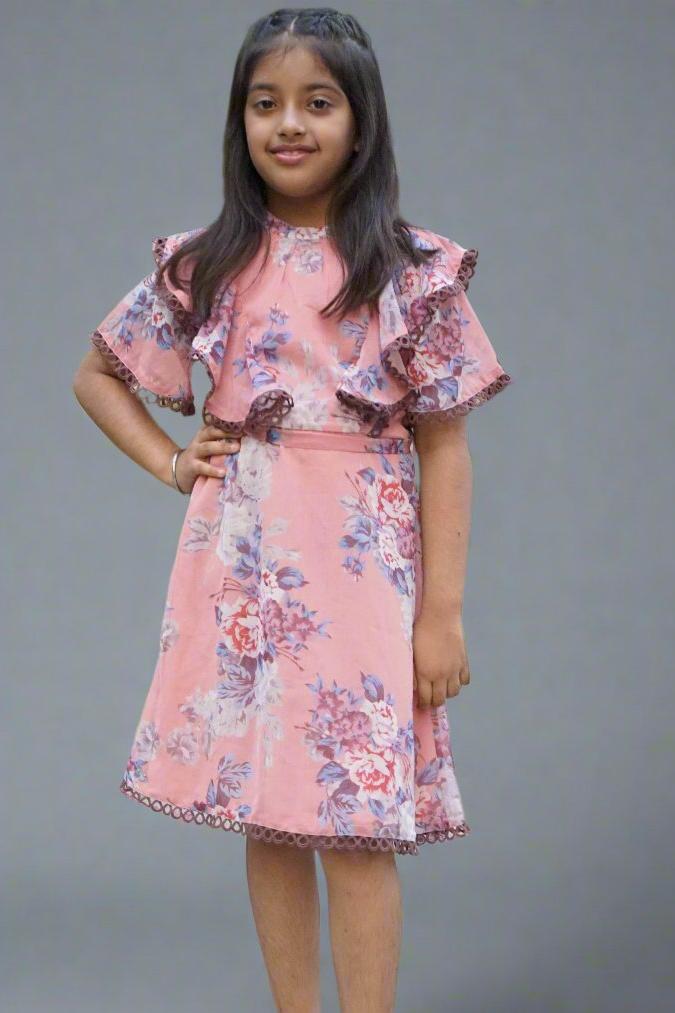 Sage Peach Floral Printed A-line Dress for Girls