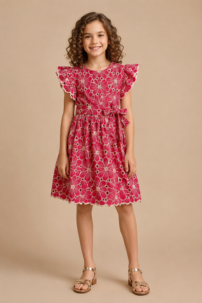Floral Embroidery Pure Cotton Raspberry Pink For Kids Girl
