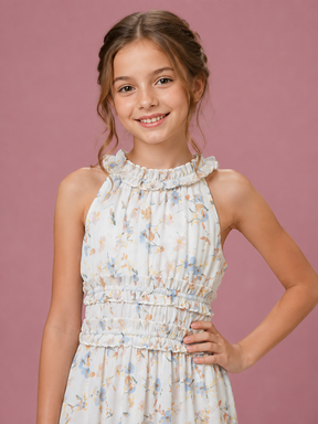 Daisy Dream Light Blue Floral Printed A-Line Dress in Georgette with Cotton Lining  for Girl