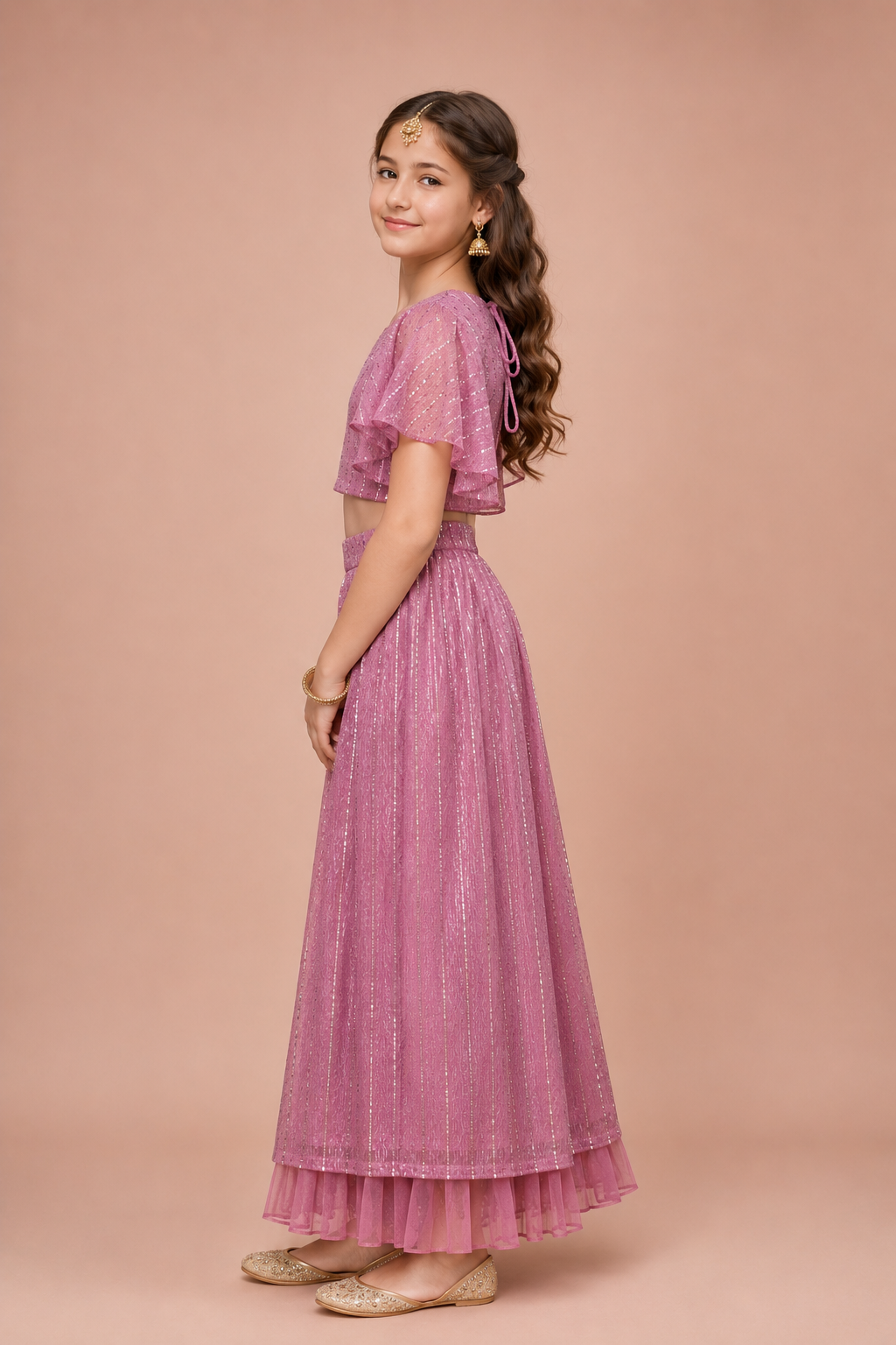 Pink Traditional Lehenga Set with polyester lining for Girls