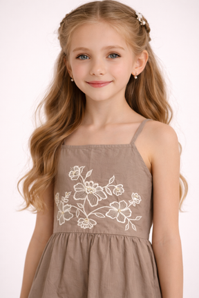 Floral Embroidered Brown Sleeveless Cotton Dress for Kids Girls
