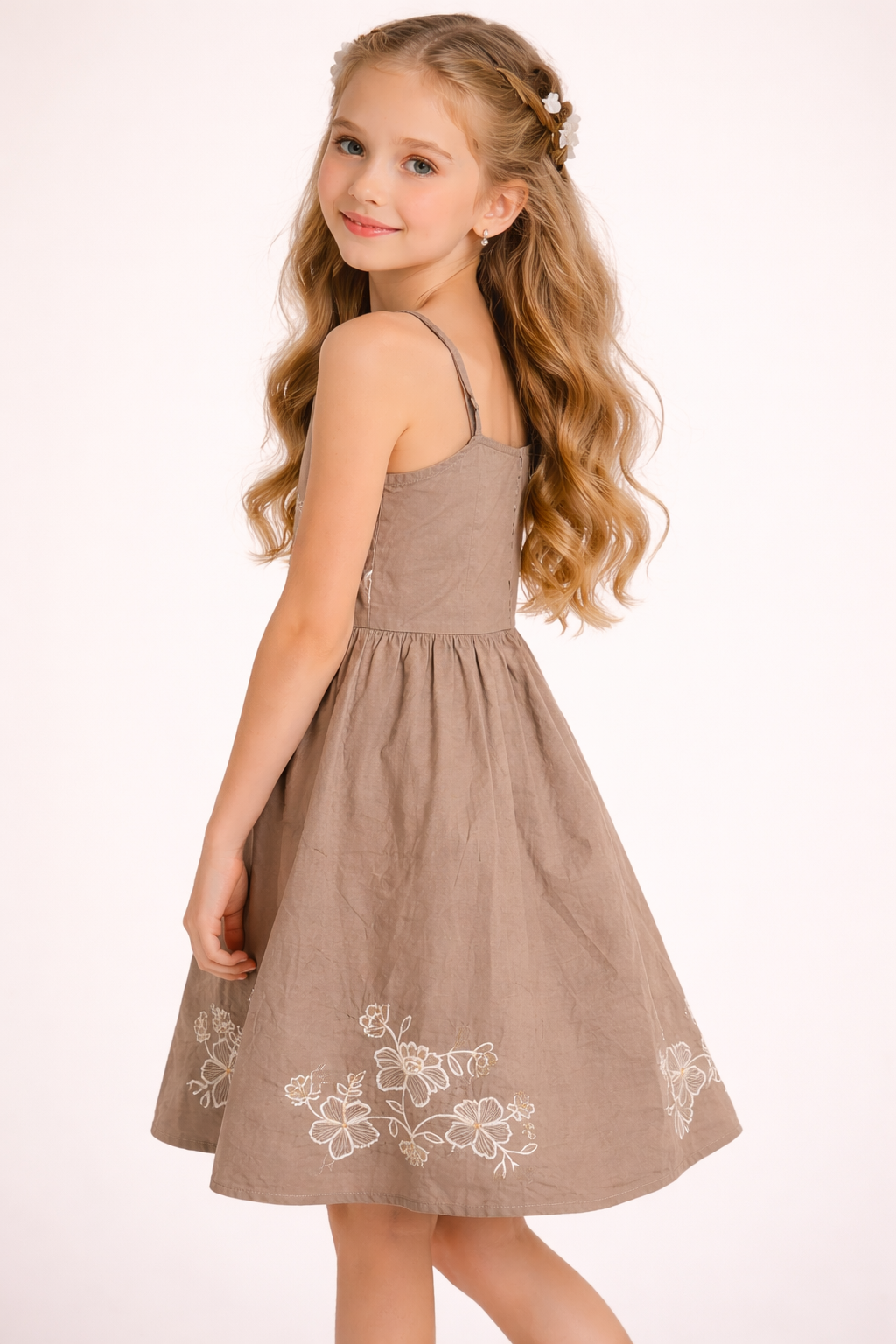 Floral Embroidered Brown Sleeveless Cotton Dress for Kids Girls