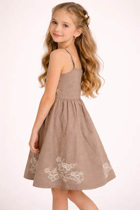 Floral Embroidered Brown Sleeveless Cotton Dress for Kids Girls