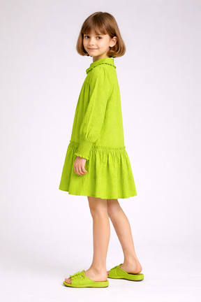 Pure Cotton Lime Green Shirt Collared Floral Embroidery Dress for Girls
