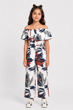 Zahara Floral Printed Off Shoulder Multicolor Jumpsuit for Girls