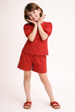 Rust Brown Cotton Schiffli Top and Bottom Co-ord set for Girls