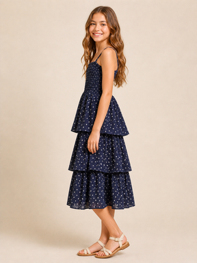 Pure Cotton Sleeveless Star Printed Navy Blue Midi Dress for Girls