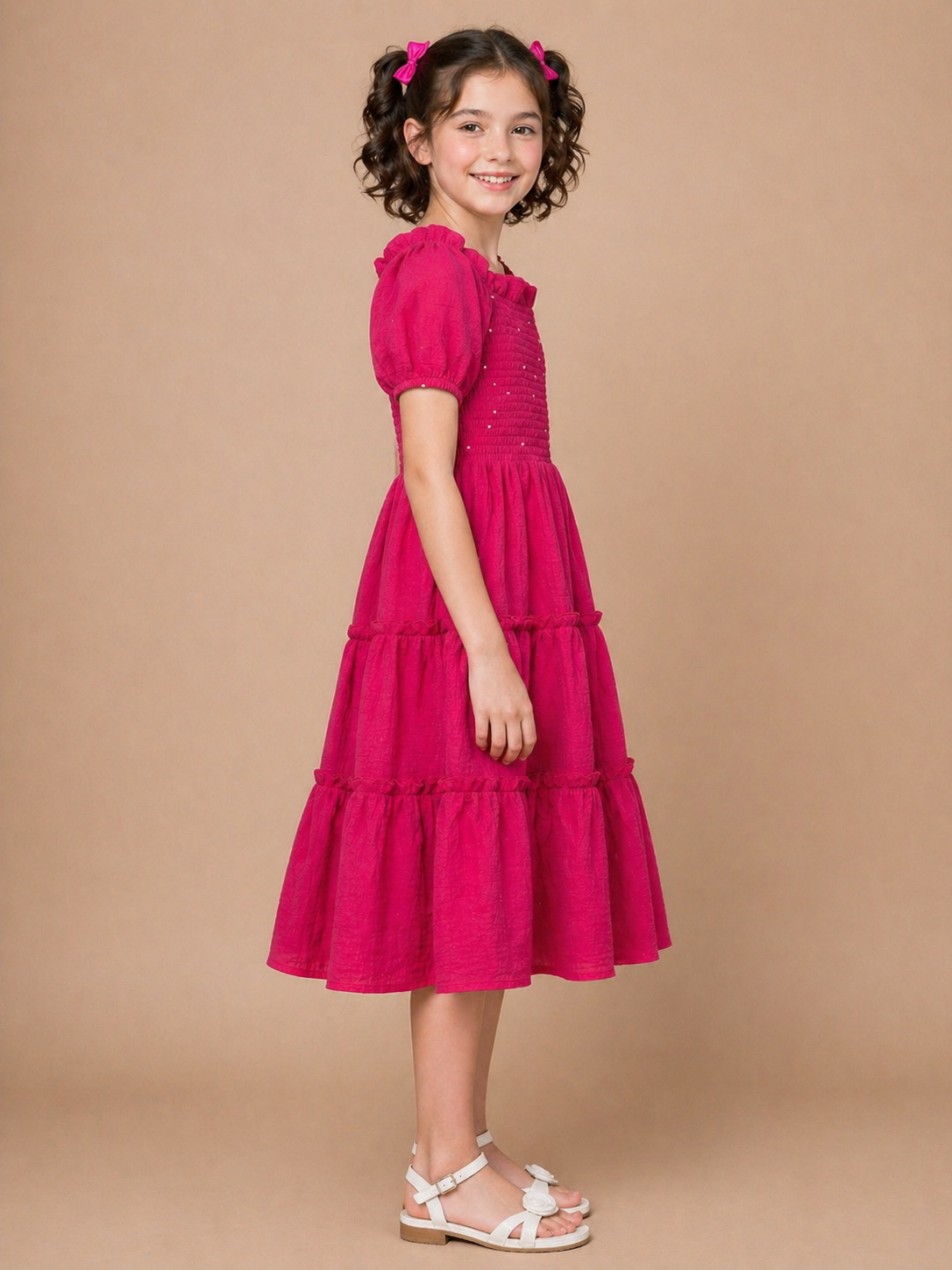 Hand worked Beads on Pure Cotton Hot Pink Textured Dress for Kids Girls