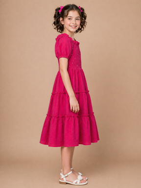 Hand worked Beads on Pure Cotton Hot Pink Textured Dress for Kids Girls