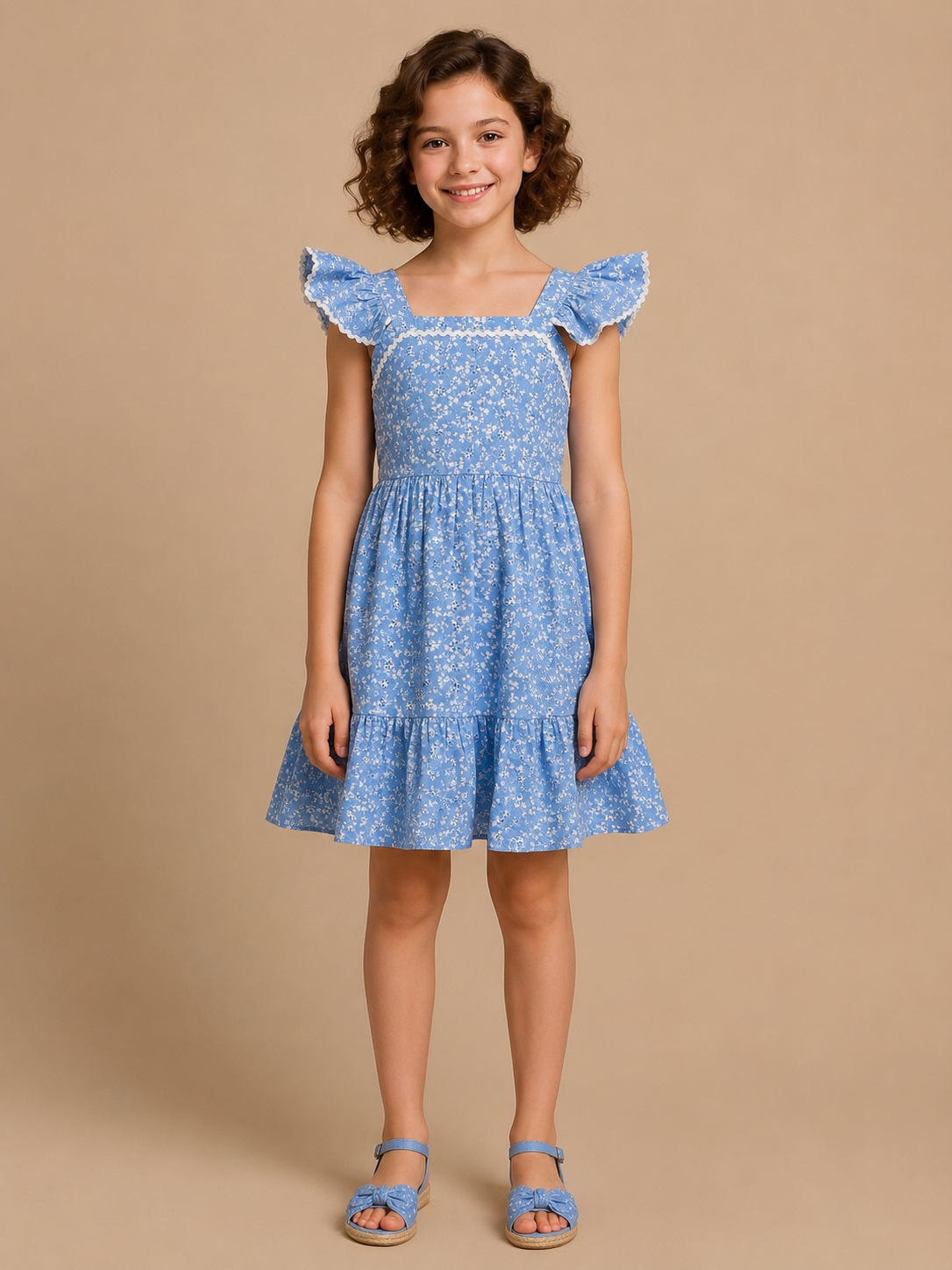 Floral Sky Blue Schiffli Sleeveless Dress for Kids Girl