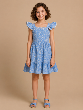 Floral Sky Blue Schiffli Sleeveless Dress for Kids Girl