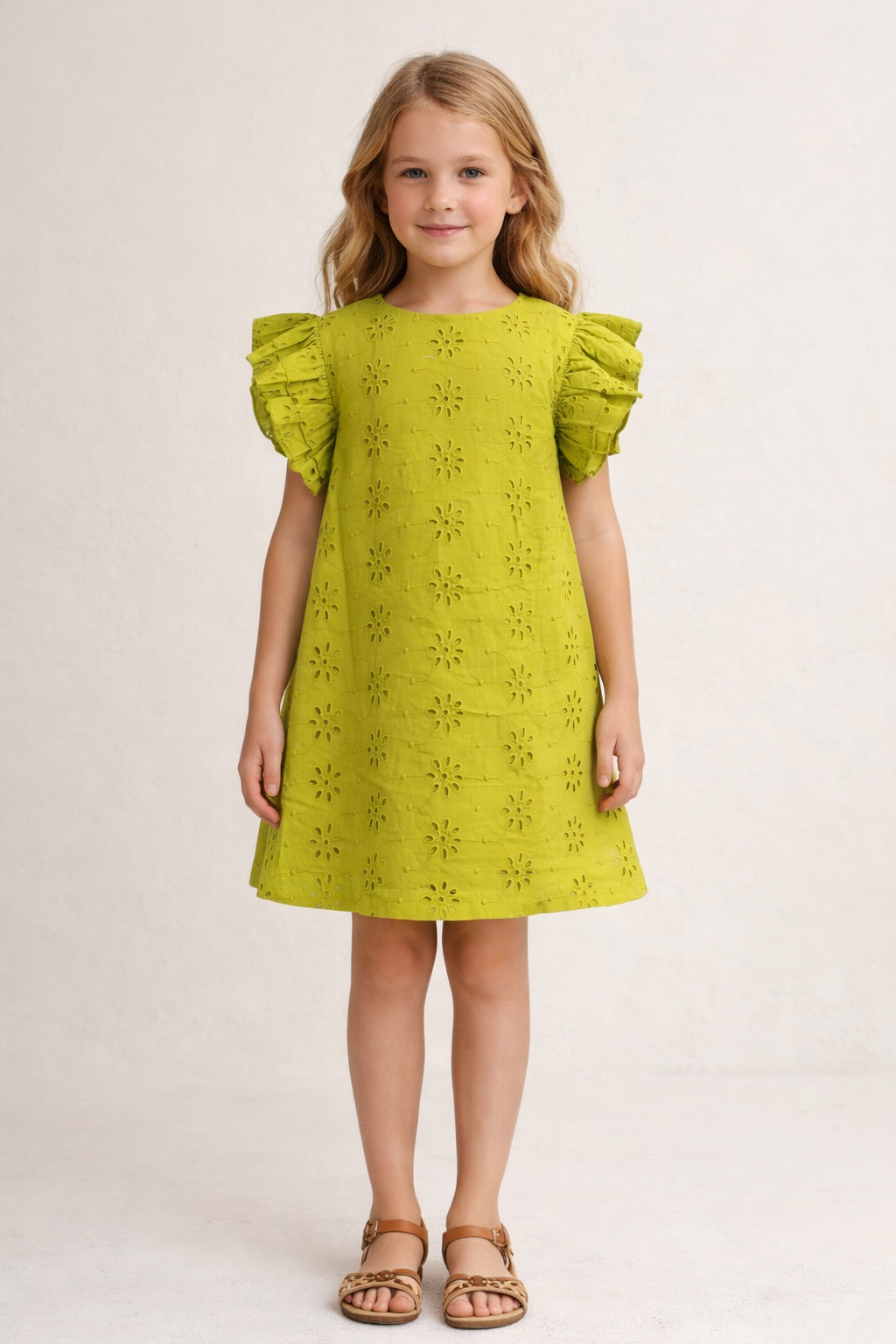 Cut Sleeve Floral Schiffli Mustard Yellow Dress for Girls