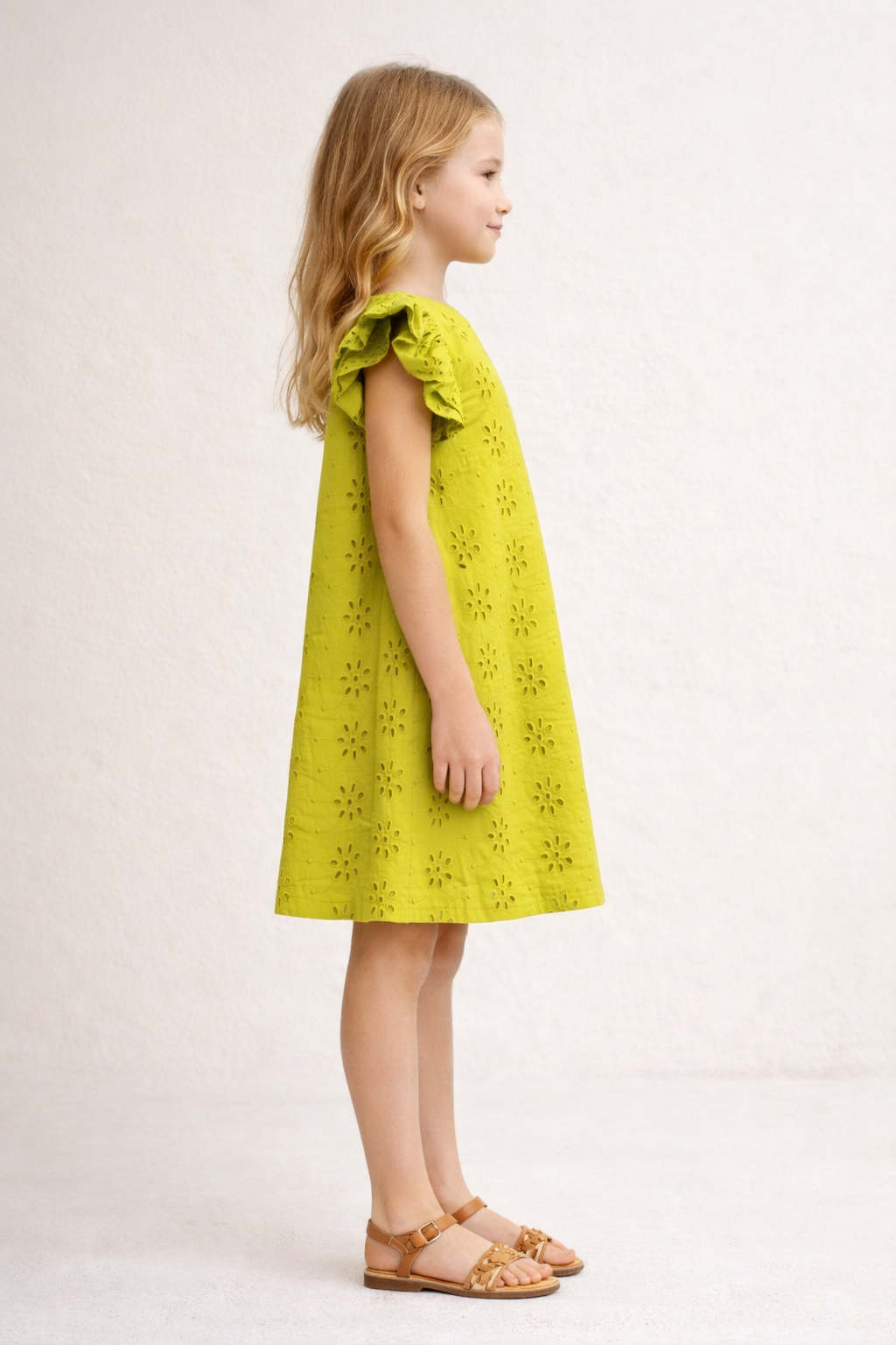 Cut Sleeve Floral Schiffli Mustard Yellow Dress for Girls