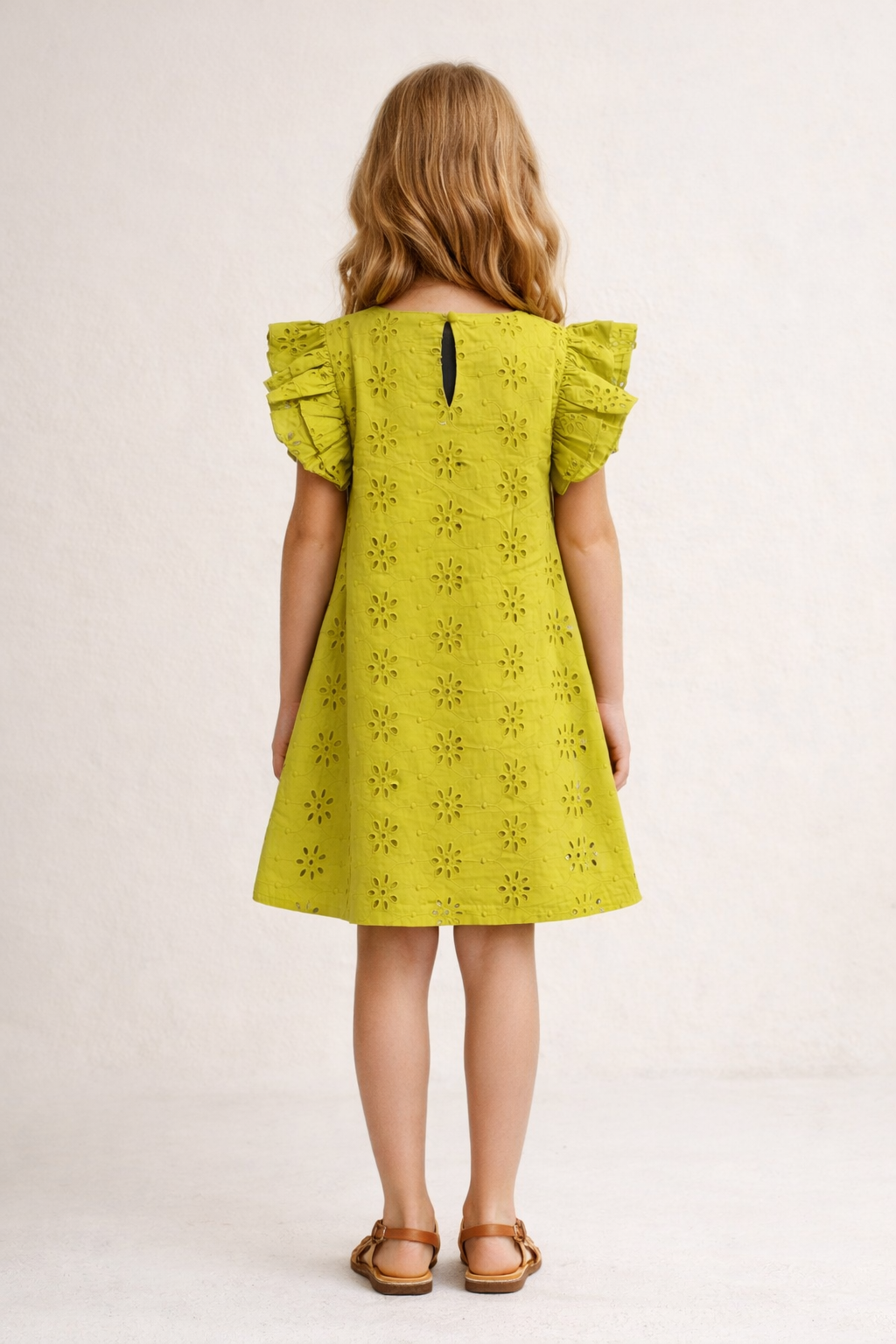 Cut Sleeve Floral Schiffli Mustard Yellow Dress for Girls