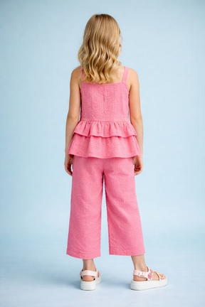 Seer Sucker Cotton Sleeveless Rose Pink Co-ord set for Girls