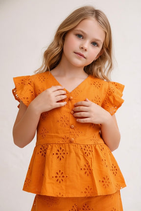 Burnt Orange Pure Cotton Floral Schiffli Top Bottom Co-ord set for Girls