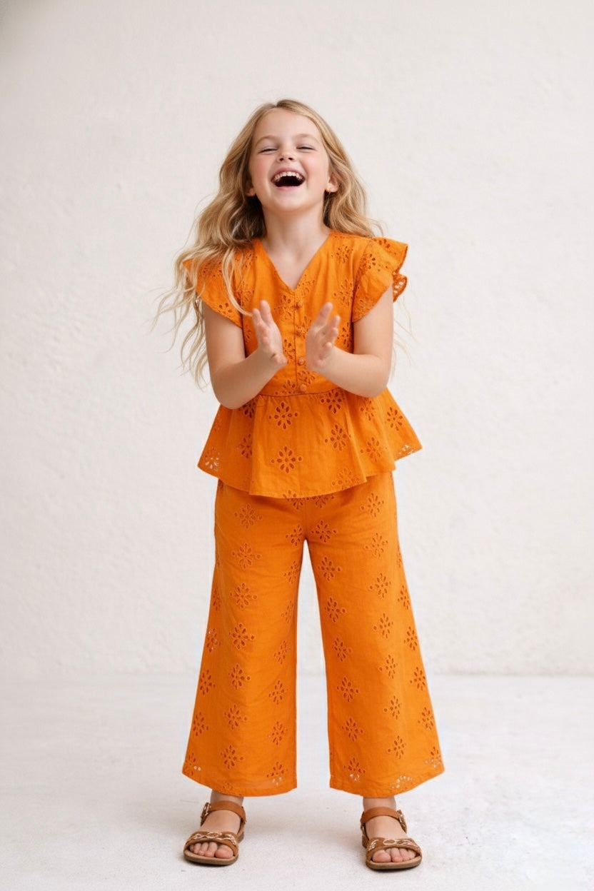 Burnt Orange Pure Cotton Floral Schiffli Top Bottom Co-ord set for Girls
