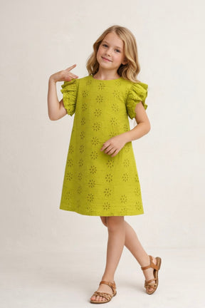 Cut Sleeve Floral Schiffli Mustard Yellow Dress for Girls