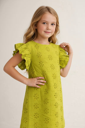 Cut Sleeve Floral Schiffli Mustard Yellow Dress for Girls