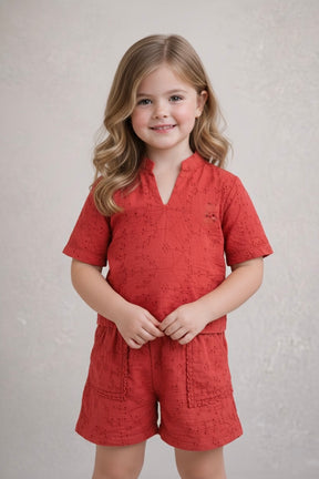 Rust Brown Half sleeve co-ordinate made in Floral Schiffli Cotton for kids