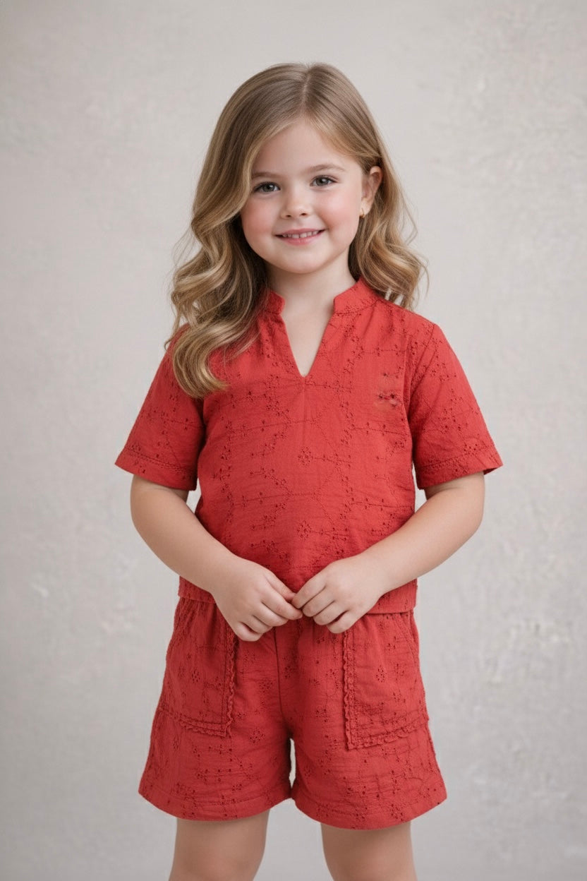 Rust Brown Half sleeve co-ordinate made in Floral Schiffli Cotton for kids