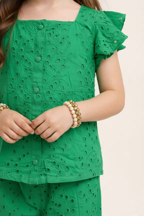 Bright Green Floral Schiffli Co-ord Set for Girls