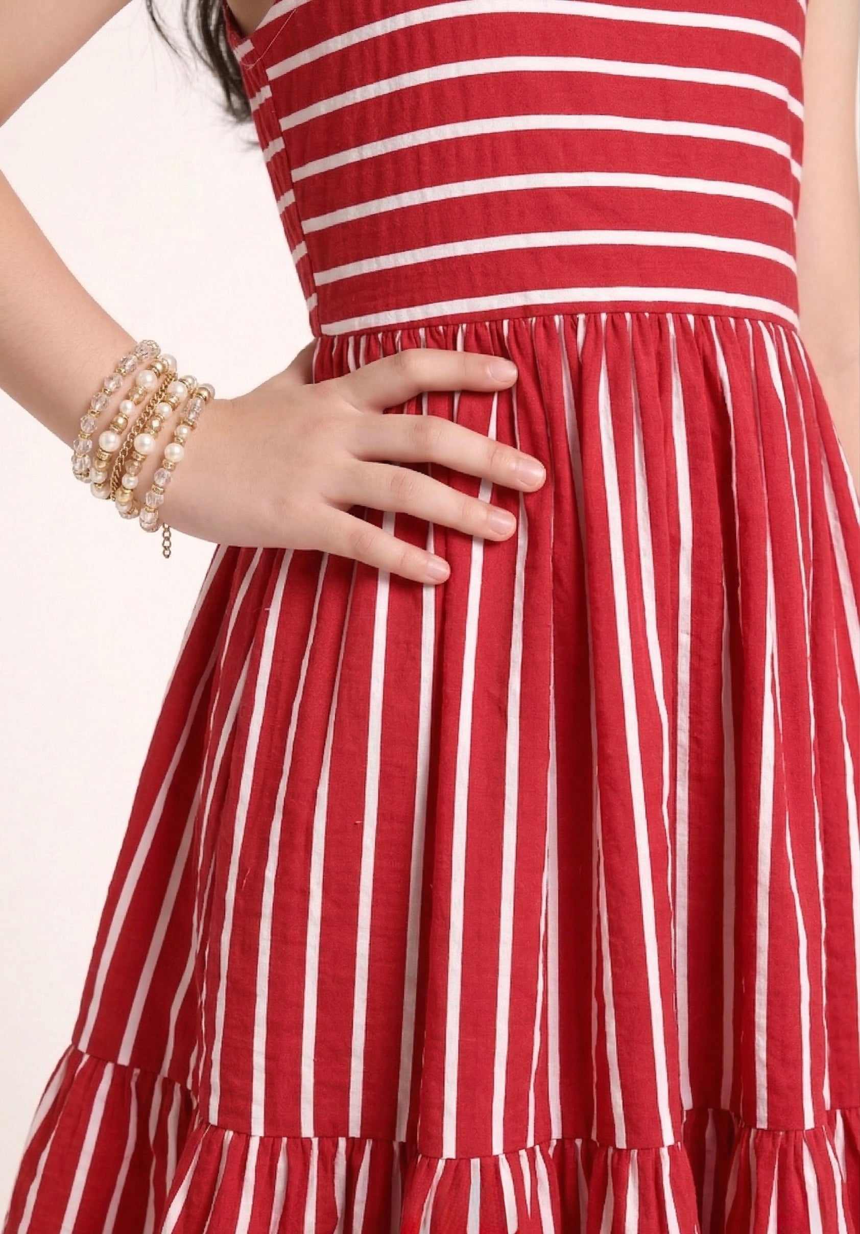 Fit & Flare A-line Pure Cotton Red & White Striped Dress for Girls