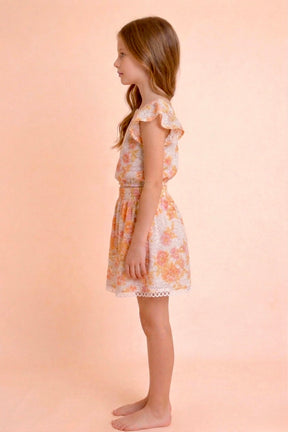 Floral Schiffli Pure Cotton White Orange One Should Top and Skirt Co-ord Set for Kids Girls